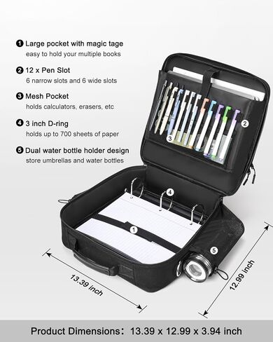 3 Inch 3-Ring Zipper Binder with Water Bottle Holder, D-Ring Zip Up Binder with Shoulder Strap, 700 Sheet Capacity, Compatible with 13" MacBook/Tablet, for School, Office (Black) in Saudi Arabia