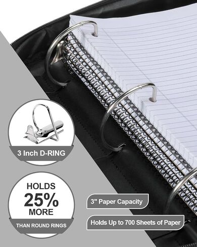 3 Inch 3-Ring Zipper Binder with Water Bottle Holder, D-Ring Zip Up Binder with Shoulder Strap, 700 Sheet Capacity, Compatible with 13" MacBook/Tablet, for School, Office (Black) in Saudi Arabia