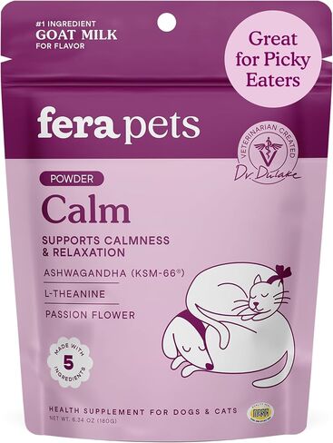 Fera Pets Goat Milk - Calming Supplement for Dogs & Cats - Ashwagandha, L-Theanine, & Passion Flower - Supports Anxiety Relief & Relaxation - for Picky Eaters - 60 TSP in Saudi Arabia