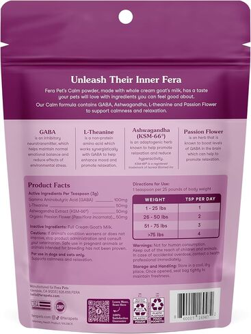 Fera Pets Goat Milk - Calming Supplement for Dogs & Cats - Ashwagandha, L-Theanine, & Passion Flower - Supports Anxiety Relief & Relaxation - for Picky Eaters - 60 TSP in Saudi Arabia
