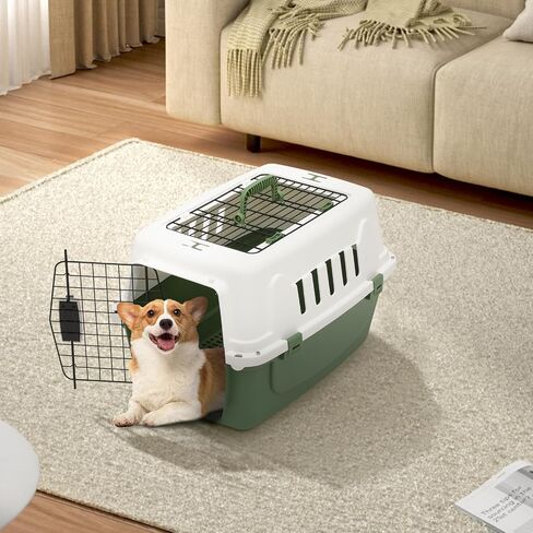 22 Inch Hard-Sided Plastic Dog Carrier 2 Door Travel Crate for Small Dogs Cats up to 22 lbs, Durable Handle, Security Lock Design, Green in Saudi Arabia