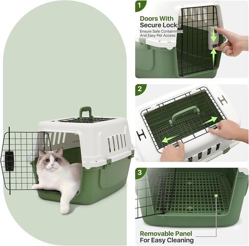 22 Inch Hard-Sided Plastic Dog Carrier 2 Door Travel Crate for Small Dogs Cats up to 22 lbs, Durable Handle, Security Lock Design, Green in Saudi Arabia