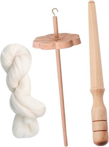 Flower Shape Drop Spindle Wooden Hand Carved Yarn Wheel for Knitting Felting Crochet Woven Sewing Projects Portable Craft Tool 11.02x3.35 Inch- with Wool Strips in Kuwait