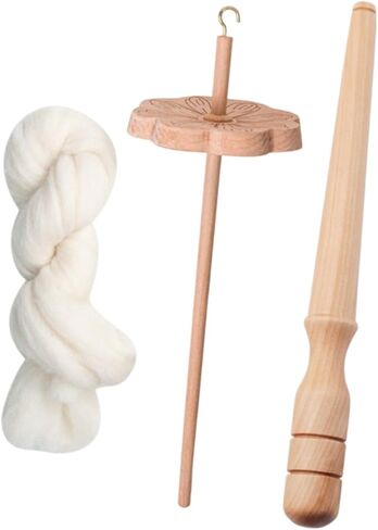 Flower Shape Drop Spindle Wooden Hand Carved Yarn Wheel for Knitting Felting Crochet Woven Sewing Projects Portable Craft Tool 11.02x3.35 Inch- with Wool Strips in Kuwait