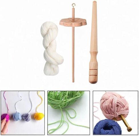Flower Shape Drop Spindle Wooden Hand Carved Yarn Wheel for Knitting Felting Crochet Woven Sewing Projects Portable Craft Tool 11.02x3.35 Inch- with Wool Strips in Kuwait