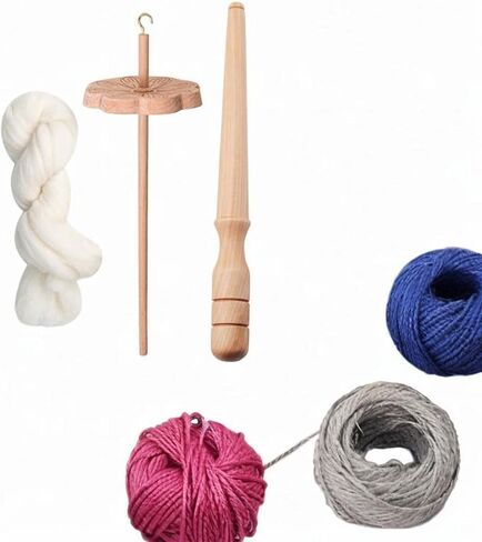 Flower Shape Drop Spindle Wooden Hand Carved Yarn Wheel for Knitting Felting Crochet Woven Sewing Projects Portable Craft Tool 11.02x3.35 Inch- with Wool Strips in Kuwait
