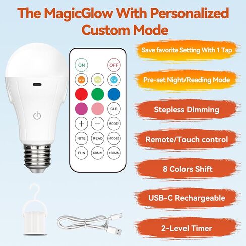Neporal MagicGlow Rechargeable Light Bulbs with Remote, 3 Hue Shift + Stepless Dimmable Battery Powered Light Bulbs, USB Rechargeable, A19 Standard Size Emergency LED Light Bulbs, 15W, Up to 24 Hours in Kuwait