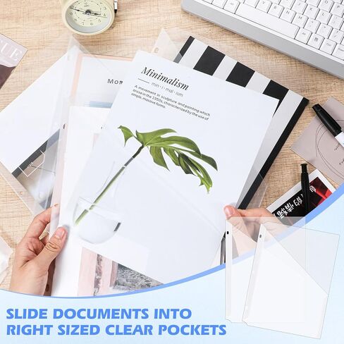 48 Pcs Binder Pockets for 3 Ring Binder Clear Plastic Folders Sleeves 3 Hole Punch Document Dividers Poly Slash File Jacket Organizer with Pockets for Office Home School, Clear in Kuwait