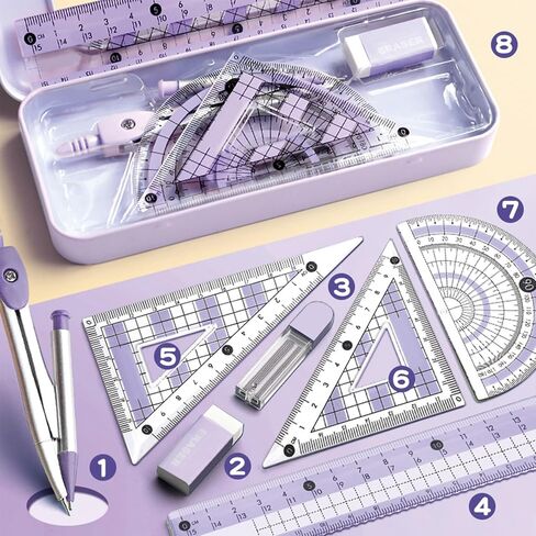 8 Pcs Pink Geometry Set Cute Compass Set with Maths Protractor Rulers, Math Set for Drawing Measuring Tools, Kawaii Ruler Kit for Class Women Girls School Supplies (Pink) in Kuwait