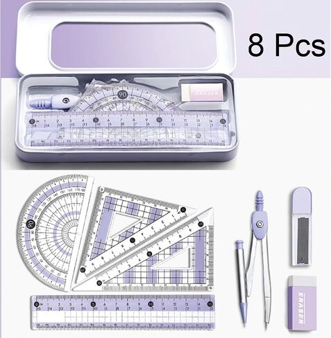 8 Pcs Pink Geometry Set Cute Compass Set with Maths Protractor Rulers, Math Set for Drawing Measuring Tools, Kawaii Ruler Kit for Class Women Girls School Supplies (Pink) in Kuwait