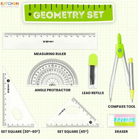 KatchOn, Geometry Set for Students - 8 Pieces | Metal Compass, Protractor, Eraser, Triangle Ruler, Lead Refills and Metal Box | Protractor and Compass Set | Back to School Supplies | Class Supplies in Saudi Arabia