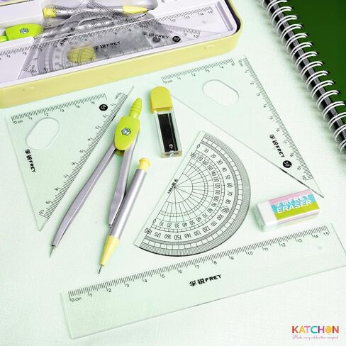 KatchOn, Geometry Set for Students - 8 Pieces | Metal Compass, Protractor, Eraser, Triangle Ruler, Lead Refills and Metal Box | Protractor and Compass Set | Back to School Supplies | Class Supplies in Saudi Arabia