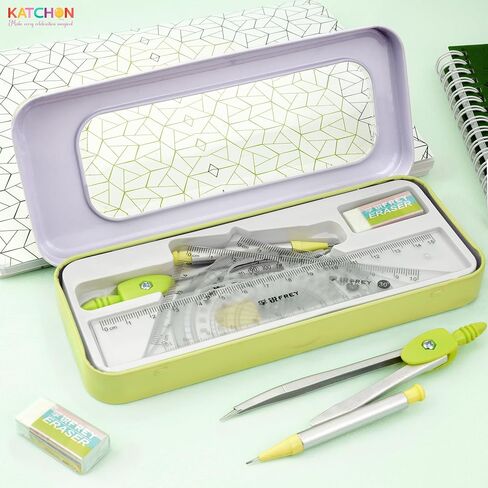 KatchOn, Geometry Set for Students - 8 Pieces | Metal Compass, Protractor, Eraser, Triangle Ruler, Lead Refills and Metal Box | Protractor and Compass Set | Back to School Supplies | Class Supplies in Saudi Arabia