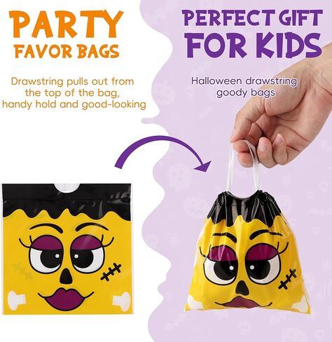 Hoiioh 96 PCS Halloween Goodie Bags Bags ، 12 Designs 6 × 6 بوصة مصغرة بأكياس معالجة للأطفال ، خدعة أو معالجة الحفلات ، جوائز الفصول الدراسية لوازم الهالوين in Kuwait