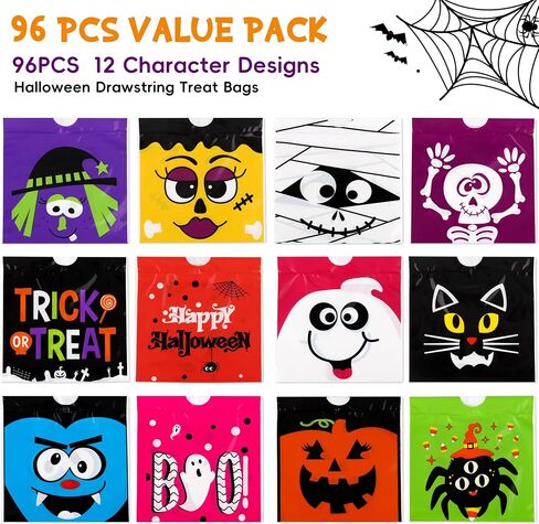 Hoiioh 96 PCS Halloween Goodie Bags Bags ، 12 Designs 6 × 6 بوصة مصغرة بأكياس معالجة للأطفال ، خدعة أو معالجة الحفلات ، جوائز الفصول الدراسية لوازم الهالوين in Kuwait