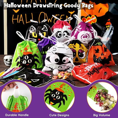 Hoiioh 96 PCS Halloween Goodie Bags Bags ، 12 Designs 6 × 6 بوصة مصغرة بأكياس معالجة للأطفال ، خدعة أو معالجة الحفلات ، جوائز الفصول الدراسية لوازم الهالوين in Kuwait
