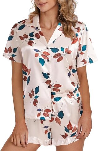 OPOIPIN Women's Satin Pajamas Set Button Down 2 Piece Silk Pjs Shorts Set Ruffle Notch Collar Sleepwear in Saudi Arabia