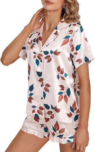 OPOIPIN Women's Satin Pajamas Set Button Down 2 Piece Silk Pjs Shorts Set Ruffle Notch Collar Sleepwear in Saudi Arabia