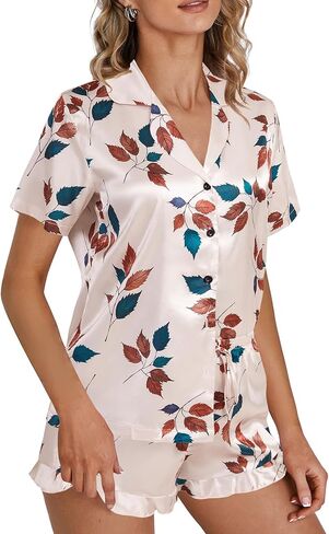 OPOIPIN Women's Satin Pajamas Set Button Down 2 Piece Silk Pjs Shorts Set Ruffle Notch Collar Sleepwear in Saudi Arabia