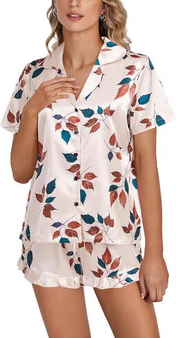 OPOIPIN Women's Satin Pajamas Set Button Down 2 Piece Silk Pjs Shorts Set Ruffle Notch Collar Sleepwear in Saudi Arabia