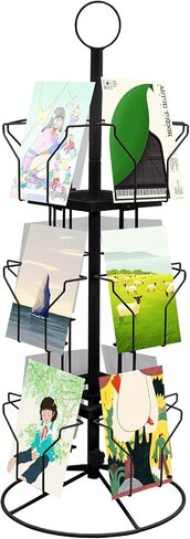 3-Tier Rotating Card Display Stand Greeting Card Rack 12 Pockets Sticker Holder Freestanding Spinning Postcard Display Organizer for Thrift Retail Grocery (Black, 12 Pockets) in Saudi Arabia