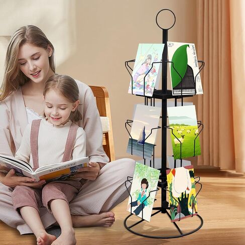 3-Tier Rotating Card Display Stand Greeting Card Rack 12 Pockets Sticker Holder Freestanding Spinning Postcard Display Organizer for Thrift Retail Grocery (Black, 12 Pockets) in Saudi Arabia