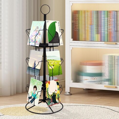 3-Tier Rotating Card Display Stand Greeting Card Rack 12 Pockets Sticker Holder Freestanding Spinning Postcard Display Organizer for Thrift Retail Grocery (Black, 12 Pockets) in Saudi Arabia