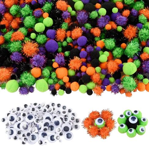 Qumenan 1000 Pieces 4 Sizes Halloween Pom Poms Crafts Assorted Glitter Pom Poms and Wiggle Eyes for DIY Hobby Supplies Halloween Party Decorations (Black, Orange, Purple,Green) in Kuwait