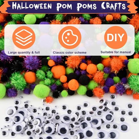 Qumenan 1000 Pieces 4 Sizes Halloween Pom Poms Crafts Assorted Glitter Pom Poms and Wiggle Eyes for DIY Hobby Supplies Halloween Party Decorations (Black, Orange, Purple,Green) in Kuwait