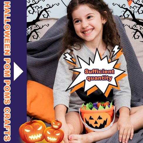 Qumenan 1000 Pieces 4 Sizes Halloween Pom Poms Crafts Assorted Glitter Pom Poms and Wiggle Eyes for DIY Hobby Supplies Halloween Party Decorations (Black, Orange, Purple,Green) in Kuwait