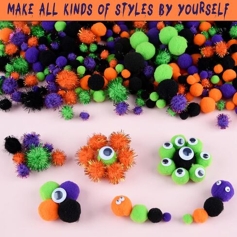 Qumenan 1000 Pieces 4 Sizes Halloween Pom Poms Crafts Assorted Glitter Pom Poms and Wiggle Eyes for DIY Hobby Supplies Halloween Party Decorations (Black, Orange, Purple,Green) in Kuwait