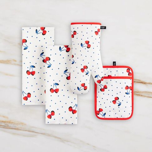 Kate Spade New York Cherry Dot Kitchen Fael ، Aven Mitt & Pot حامل 4 عبوات ، 17 "× 28" ، 7 "× 13" ، 7 "× 10" ، أبيض/أحمر/أزرق in Saudi Arabia