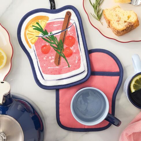 Kate Spade New York Festive Cocktail Heat Resistant, 100% Cotton with Hanging Loop, Slip Resistant Pot Holder 2-Pack Set, Pink/Navy Blue, 8"x6.5" in Saudi Arabia