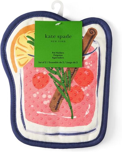 Kate Spade New York Festive Cocktail Heat Resistant, 100% Cotton with Hanging Loop, Slip Resistant Pot Holder 2-Pack Set, Pink/Navy Blue, 8"x6.5" in Saudi Arabia