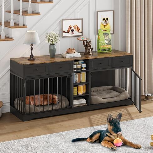 82" Large Dog Crate Furniture for 2 Dogs, Double Dog Crate with 4 Drawers and 4 Shelves, Wooden Dogs Kennel Furniture Large Breed, Indoor Pet Cage TV Stand with Divider, Black in Saudi Arabia