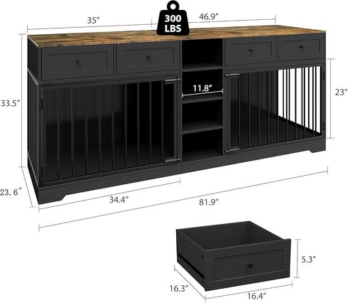 82" Large Dog Crate Furniture for 2 Dogs, Double Dog Crate with 4 Drawers and 4 Shelves, Wooden Dogs Kennel Furniture Large Breed, Indoor Pet Cage TV Stand with Divider, Black in Saudi Arabia