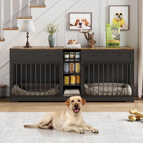 82" Large Dog Crate Furniture for 2 Dogs, Double Dog Crate with 4 Drawers and 4 Shelves, Wooden Dogs Kennel Furniture Large Breed, Indoor Pet Cage TV Stand with Divider, Black in Saudi Arabia