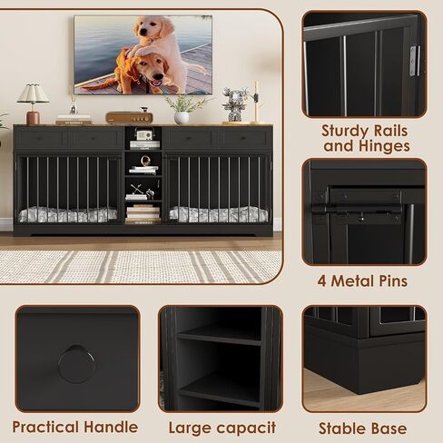 82" Large Dog Crate Furniture for 2 Dogs, Double Dog Crate with 4 Drawers and 4 Shelves, Wooden Dogs Kennel Furniture Large Breed, Indoor Pet Cage TV Stand with Divider, Black in Saudi Arabia