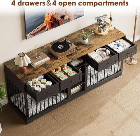 82" Large Dog Crate Furniture for 2 Dogs, Double Dog Crate with 4 Drawers and 4 Shelves, Wooden Dogs Kennel Furniture Large Breed, Indoor Pet Cage TV Stand with Divider, Black in Saudi Arabia