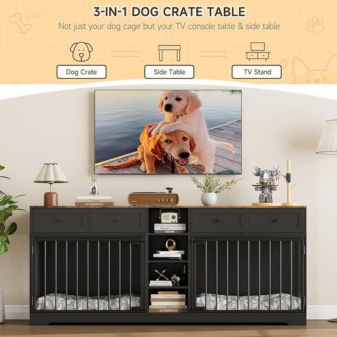 82" Large Dog Crate Furniture for 2 Dogs, Double Dog Crate with 4 Drawers and 4 Shelves, Wooden Dogs Kennel Furniture Large Breed, Indoor Pet Cage TV Stand with Divider, Black in Saudi Arabia
