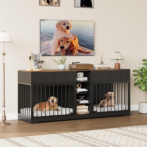 82" Large Dog Crate Furniture for 2 Dogs, Double Dog Crate with 4 Drawers and 4 Shelves, Wooden Dogs Kennel Furniture Large Breed, Indoor Pet Cage TV Stand with Divider, Black in Saudi Arabia