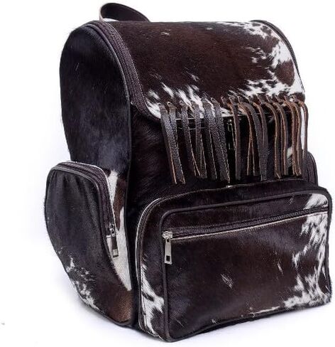 Luxury Cowhide Backpack for Travel - Fringe Tan Hair‑On Full‑Grain Real Leather, Western Diaper Bag Laptop Sleeve, Durable Zippers, Multiple Compartments, Adjustable Straps, Perfect for Travel in Saudi Arabia