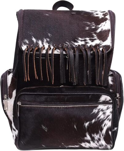 Luxury Cowhide Backpack for Travel - Fringe Tan Hair‑On Full‑Grain Real Leather, Western Diaper Bag Laptop Sleeve, Durable Zippers, Multiple Compartments, Adjustable Straps, Perfect for Travel in Saudi Arabia