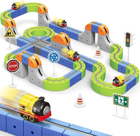 Magnetic Track Car Toys, 101PCS Flexible Race Car Track Sets for Toddlers with Electric Train, Traffic Signs, Kids Train Set Toys for 3 4 5 6 7 8 Year Old Boys Girls Birthday Party Gift-Large in Kuwait