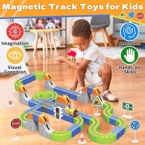 Magnetic Track Car Toys, 101PCS Flexible Race Car Track Sets for Toddlers with Electric Train, Traffic Signs, Kids Train Set Toys for 3 4 5 6 7 8 Year Old Boys Girls Birthday Party Gift-Large in Kuwait