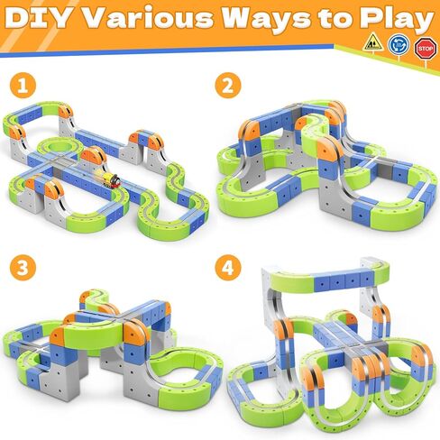 Magnetic Track Car Toys, 101PCS Flexible Race Car Track Sets for Toddlers with Electric Train, Traffic Signs, Kids Train Set Toys for 3 4 5 6 7 8 Year Old Boys Girls Birthday Party Gift-Large in Kuwait