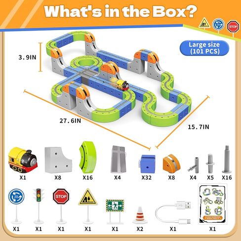 Magnetic Track Car Toys, 101PCS Flexible Race Car Track Sets for Toddlers with Electric Train, Traffic Signs, Kids Train Set Toys for 3 4 5 6 7 8 Year Old Boys Girls Birthday Party Gift-Large in Kuwait