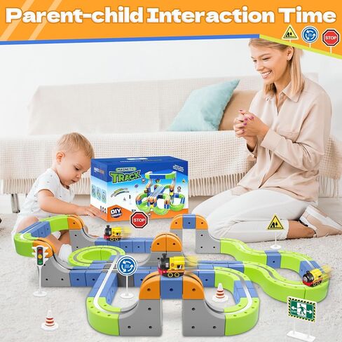 Magnetic Track Car Toys, 101PCS Flexible Race Car Track Sets for Toddlers with Electric Train, Traffic Signs, Kids Train Set Toys for 3 4 5 6 7 8 Year Old Boys Girls Birthday Party Gift-Large in Kuwait