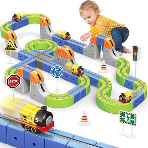 Magnetic Track Car Toys, 101PCS Flexible Race Car Track Sets for Toddlers with Electric Train, Traffic Signs, Kids Train Set Toys for 3 4 5 6 7 8 Year Old Boys Girls Birthday Party Gift-Large in Kuwait