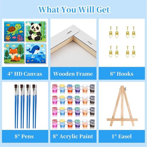 Arttoplus 4 Pack Paint by Numbers Kit for Frame ، Frame Animals ، طلاء الأطفال بأرقام تتراوح أعمارهم بين 4-6-8 مع الحامل الخشبي ، وسهل اللوحة الزيتية الأكريلية DIY من خلال رقم هدية جدار المنزل (8 × 8 بوصة) in Kuwait